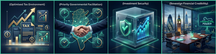 Financial Power Ltd provides facilitated access to the Tunisian market. The standard complexities of foreign direct investment are mitigated by a framework that offers: Optimised Tax Environment: Access to a fiscal regime designed to improve profitability and accelerate ROI, well beyond standard bilateral treaties. Priority Governmental Facilitation: A dedicated, professional, locally embedded support channel that ensures project timelines are met, regulatory obstacles are overcome, and operational setup is treated as a national priority. Investment Security: Your capital is deployed in a structured, transparent, and protected politically stable environment, backed by the full credibility of a London-based financial institution engaged in sovereign-level dialogue across the region.